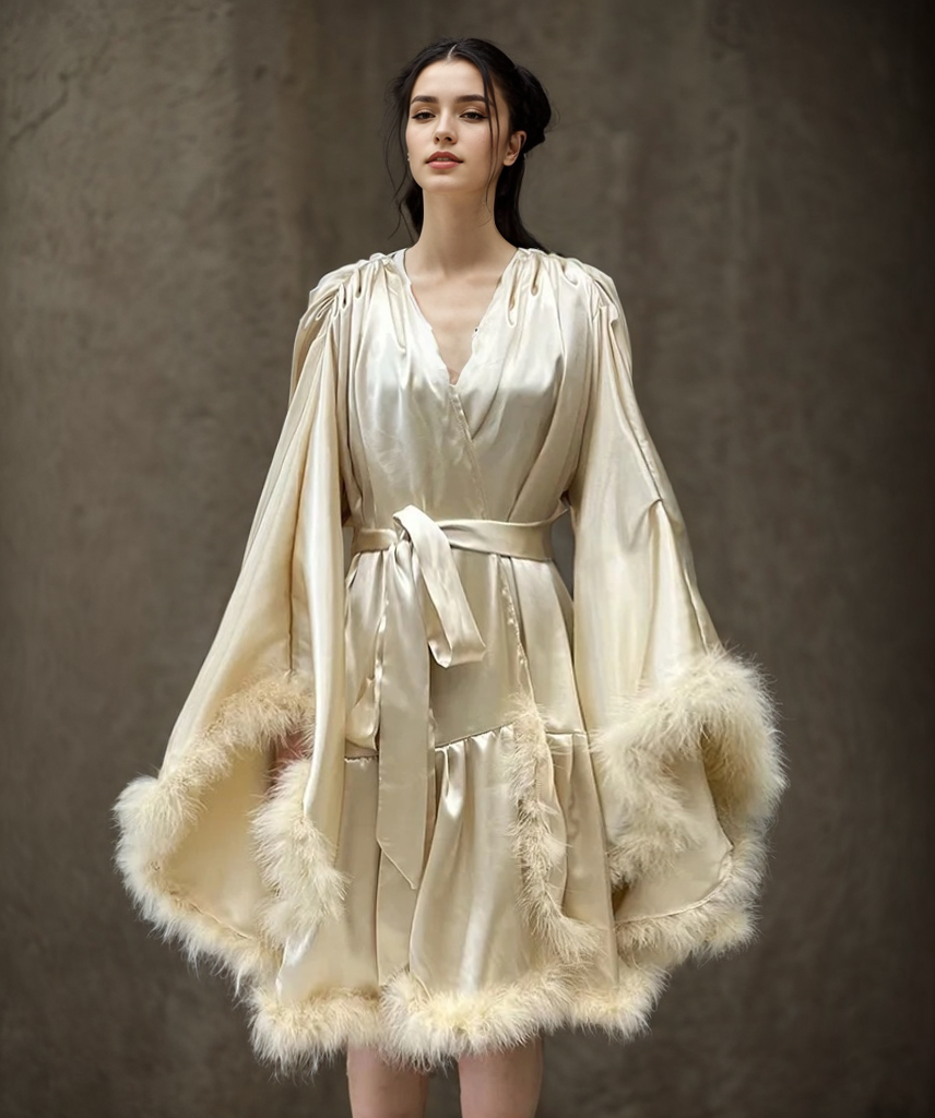 Short Satin Feather Robe – Holiday Photoshoot, Christmas Gift, Glam Party Outfit SelenaHuanStudio