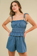 THRIVING ALL NIGHT DENIM ROMPER Flying Tomato