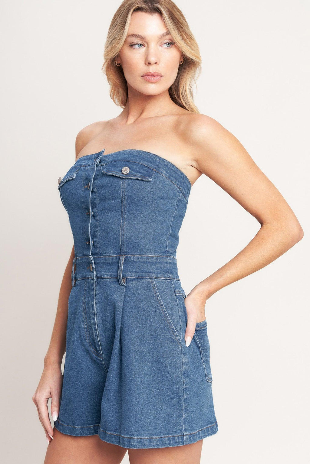 WEEKEND CRUSH DENIM ROMPER Flying Tomato