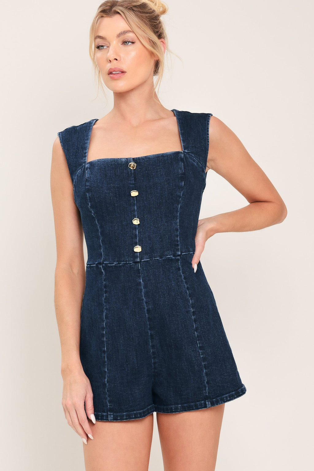 DARK WASH ICON DENIM ROMPER Flying Tomato