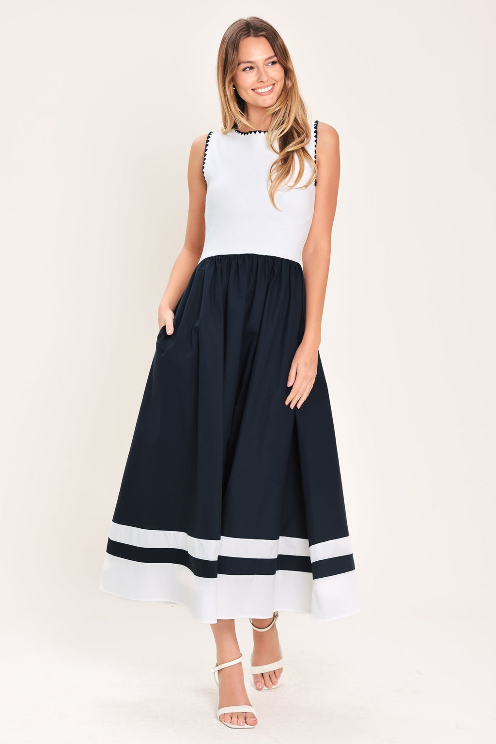 EVERYDAY ELEGANCE WOVEN COMBINATION MIDI DRESS Flying Tomato