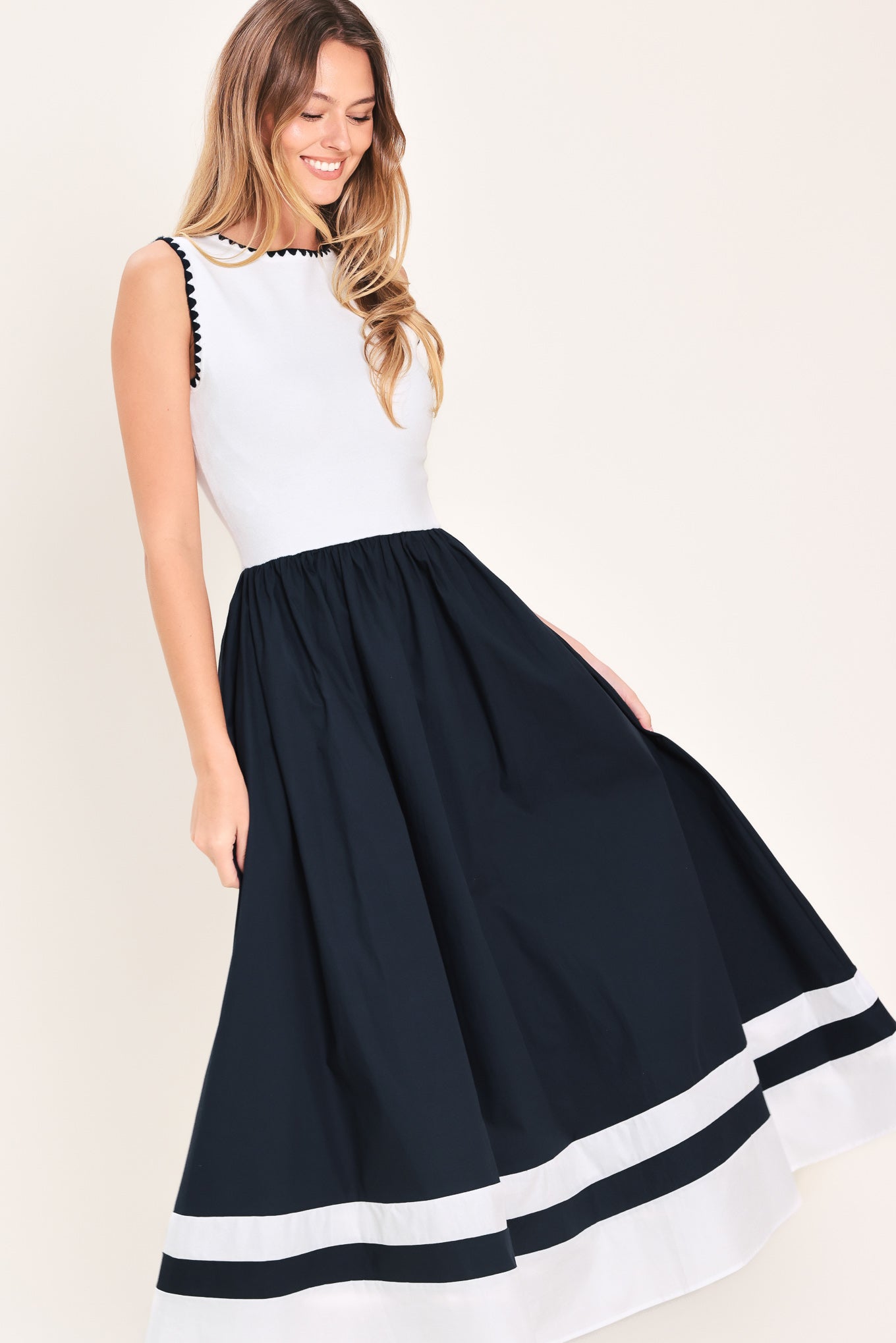 EVERYDAY ELEGANCE WOVEN COMBINATION MIDI DRESS Flying Tomato