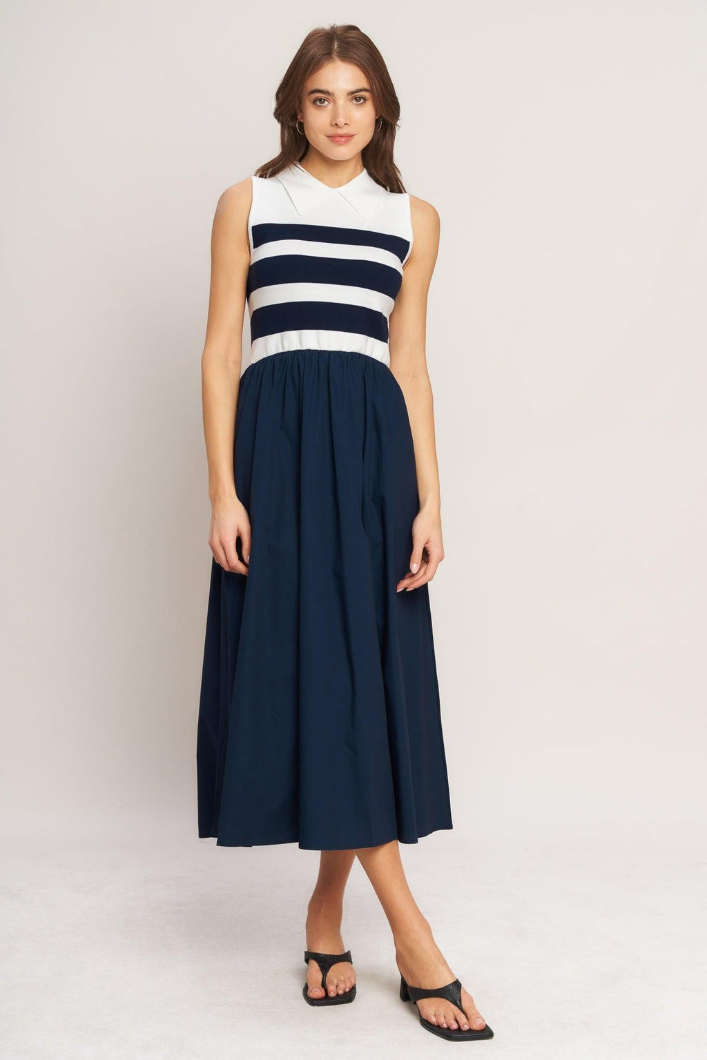 STRIPE ELEGANCE SWEATER WOVEN MIDI DRESS Flying Tomato