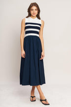 STRIPE ELEGANCE SWEATER WOVEN MIDI DRESS Flying Tomato