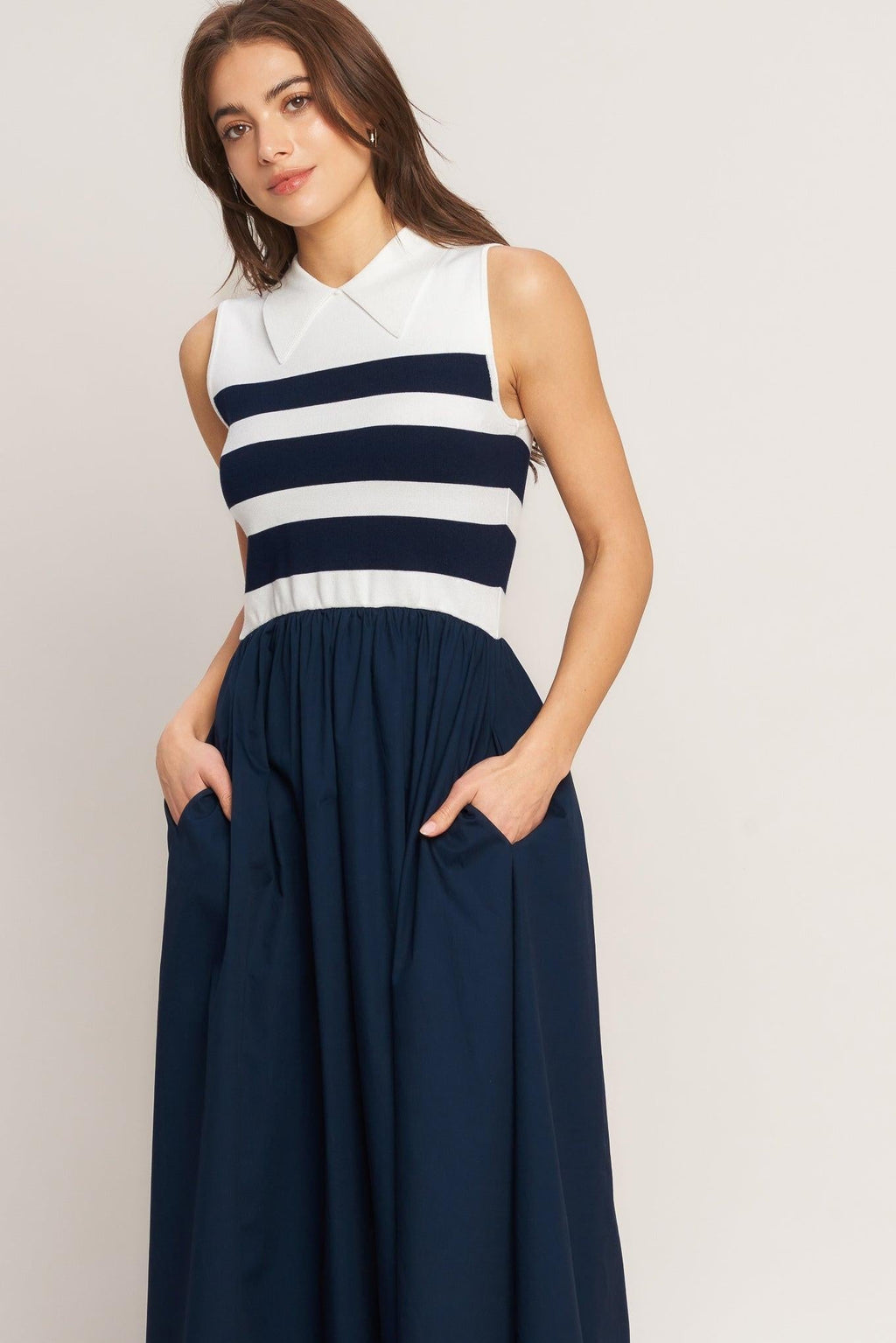 STRIPE ELEGANCE SWEATER WOVEN MIDI DRESS Flying Tomato