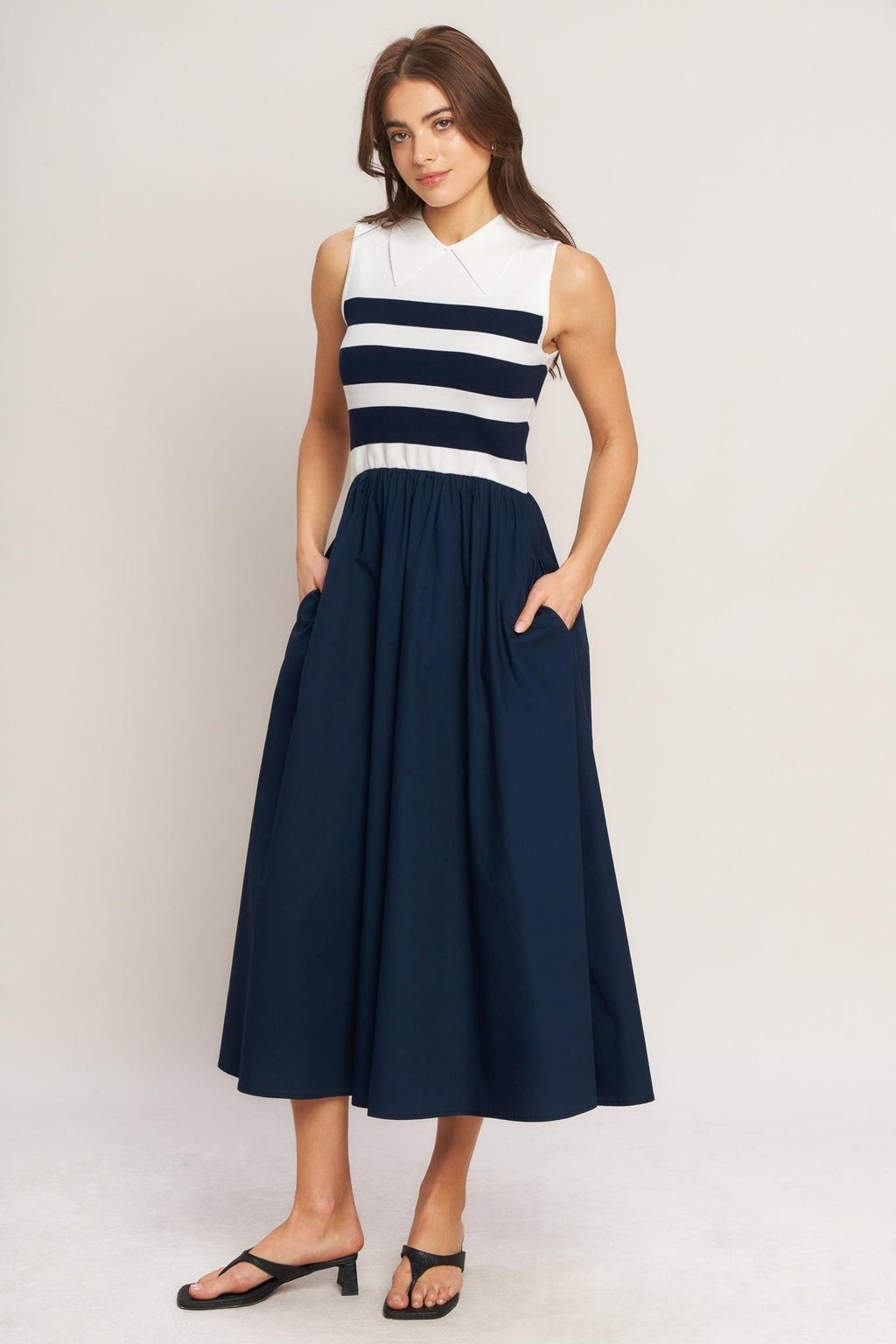 STRIPE ELEGANCE SWEATER WOVEN MIDI DRESS Flying Tomato