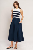 STRIPE ELEGANCE SWEATER WOVEN MIDI DRESS Flying Tomato