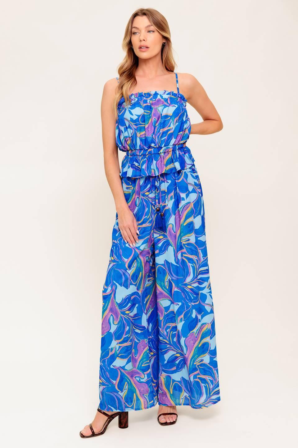 CHERISHED KISS BLUE WOVEN TOP AND PANTS SET Flying Tomato