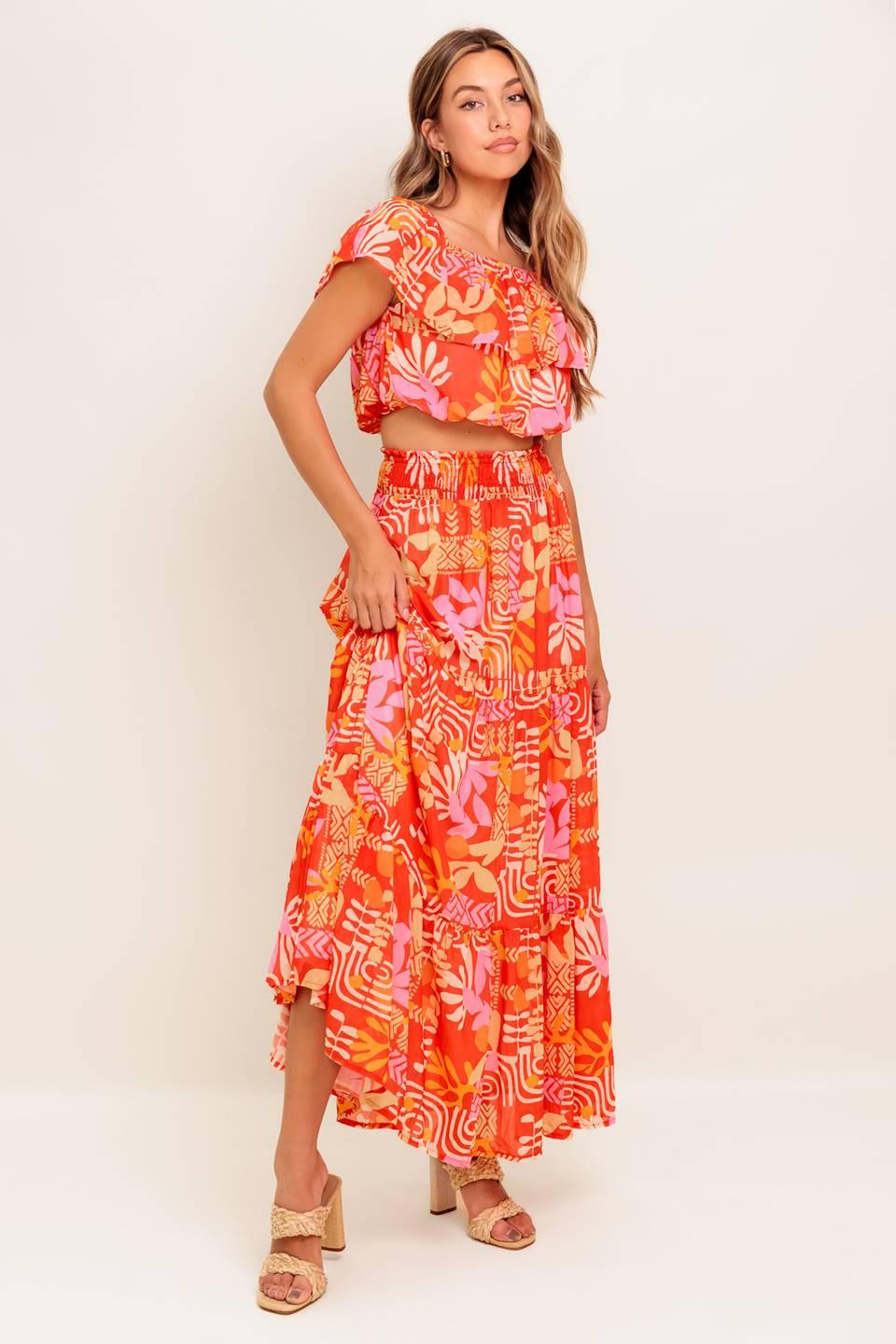 FAINT SUNBEAM RED WOVEN TOP AND SKIRT SET Flying Tomato