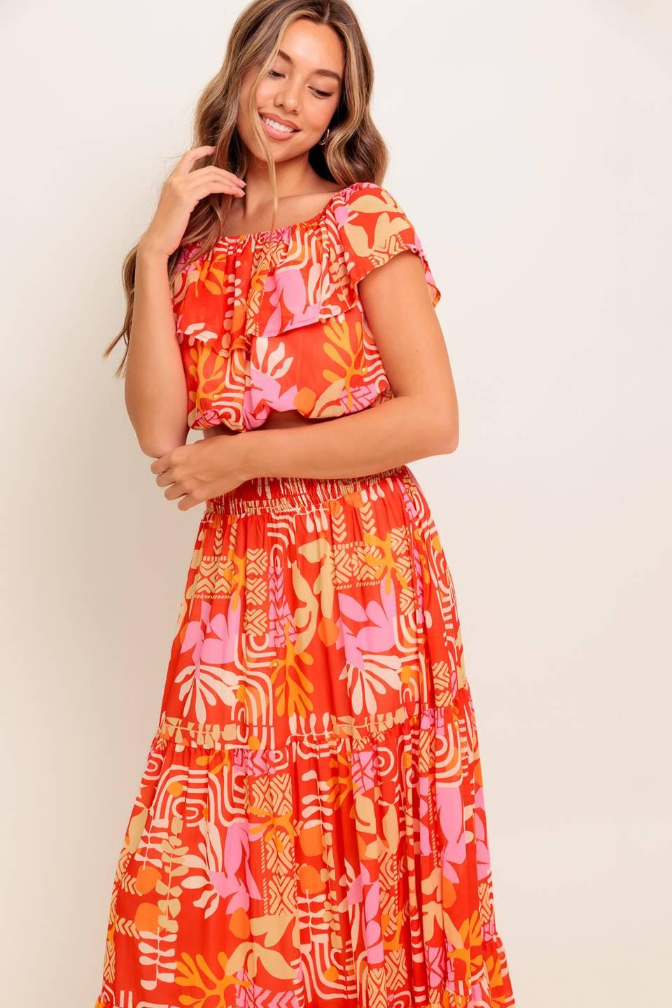 FAINT SUNBEAM RED WOVEN TOP AND SKIRT SET Flying Tomato