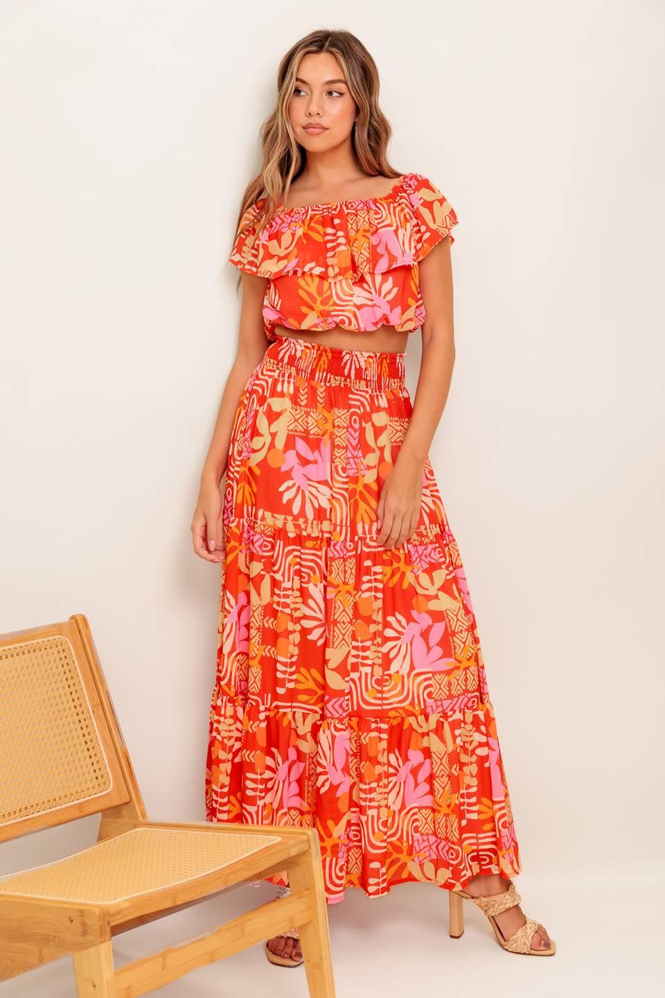 FAINT SUNBEAM RED WOVEN TOP AND SKIRT SET Flying Tomato