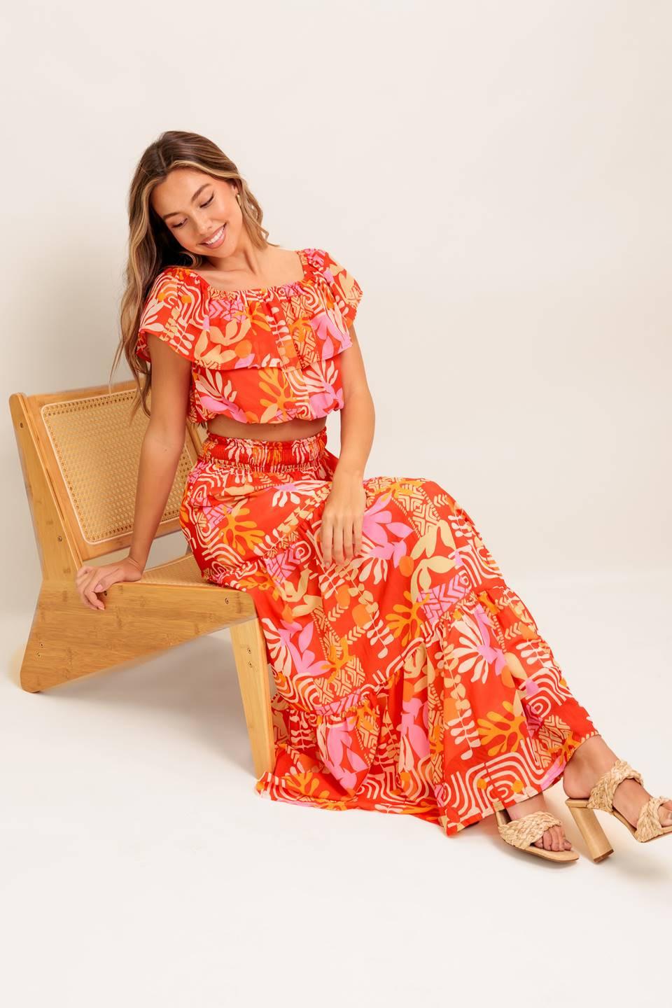 FAINT SUNBEAM RED WOVEN TOP AND SKIRT SET Flying Tomato