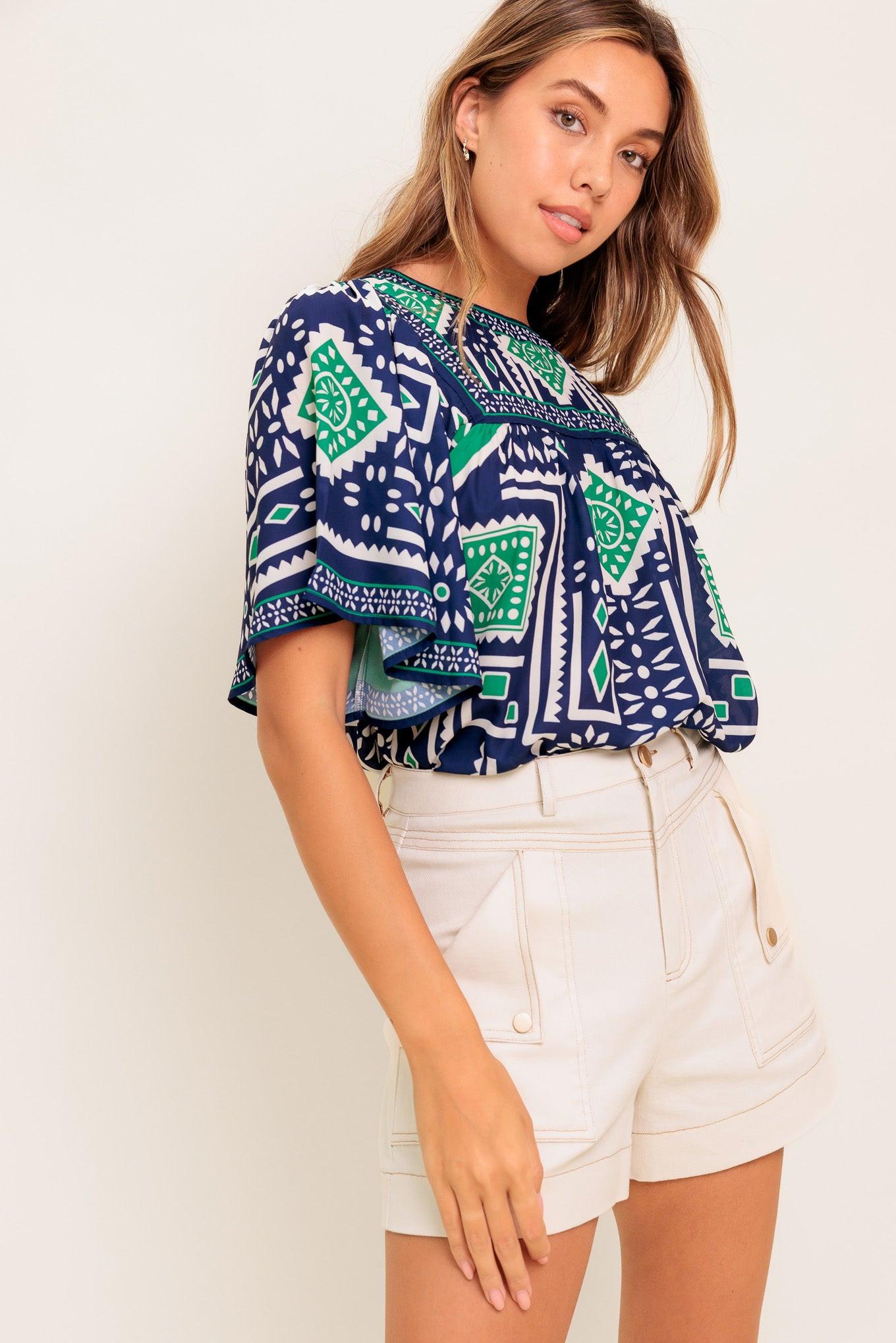 TILE ESCAPE EMBROIDERED WOVEN TOP Flying Tomato