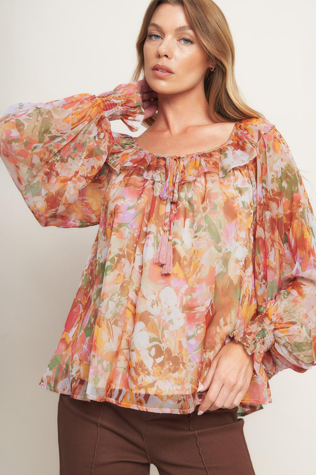 SOFT FLORAL RUST WOVEN TOP Flying Tomato