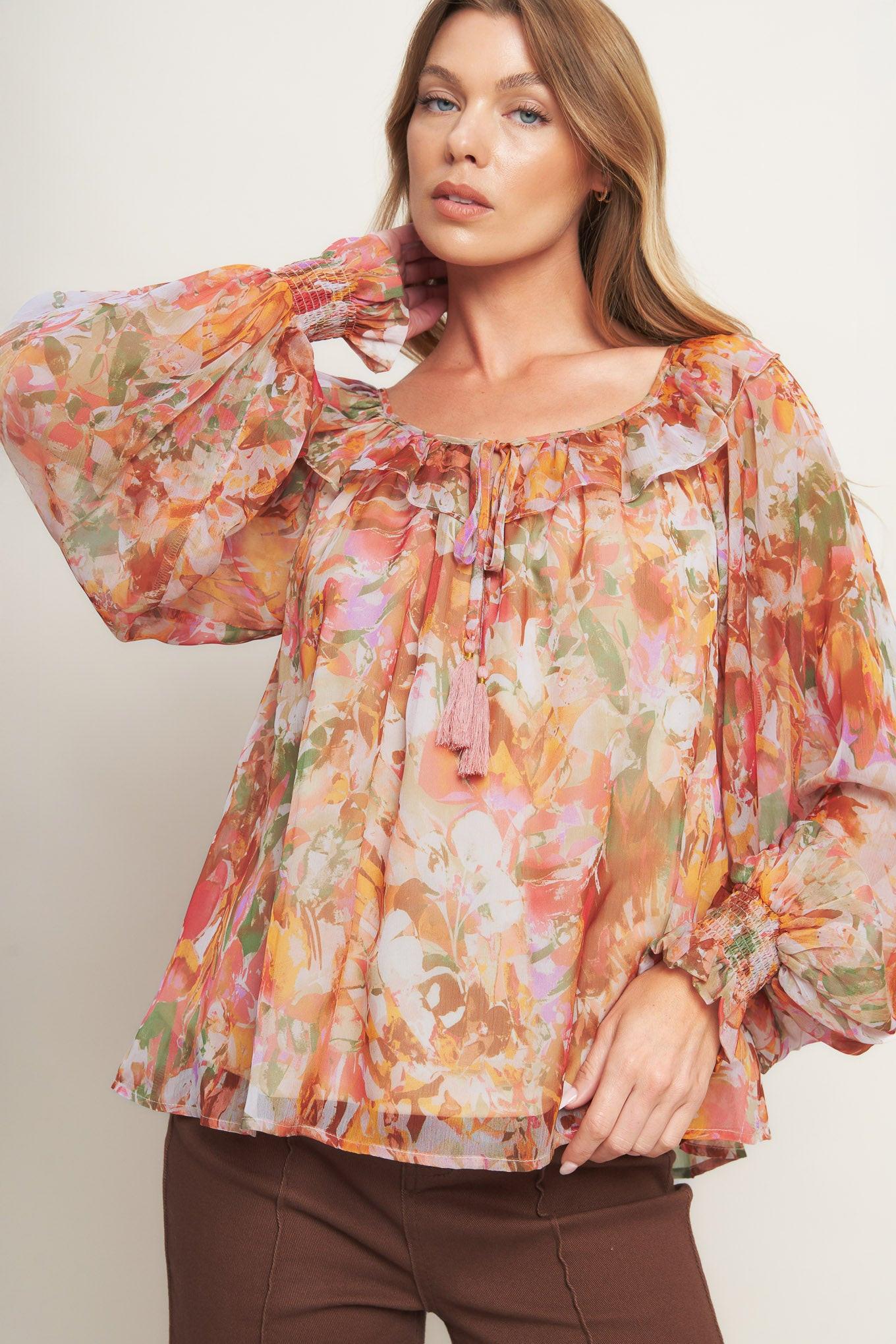 SOFT FLORAL RUST WOVEN TOP Flying Tomato