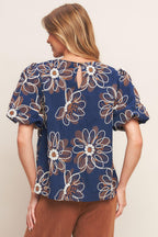 RETRO BLOOM PUFF SLEEVE WOVEN TOP Flying Tomato