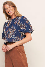 RETRO BLOOM PUFF SLEEVE WOVEN TOP Flying Tomato