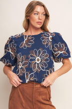 RETRO BLOOM PUFF SLEEVE WOVEN TOP Flying Tomato