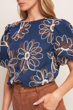 RETRO BLOOM PUFF SLEEVE WOVEN TOP Flying Tomato