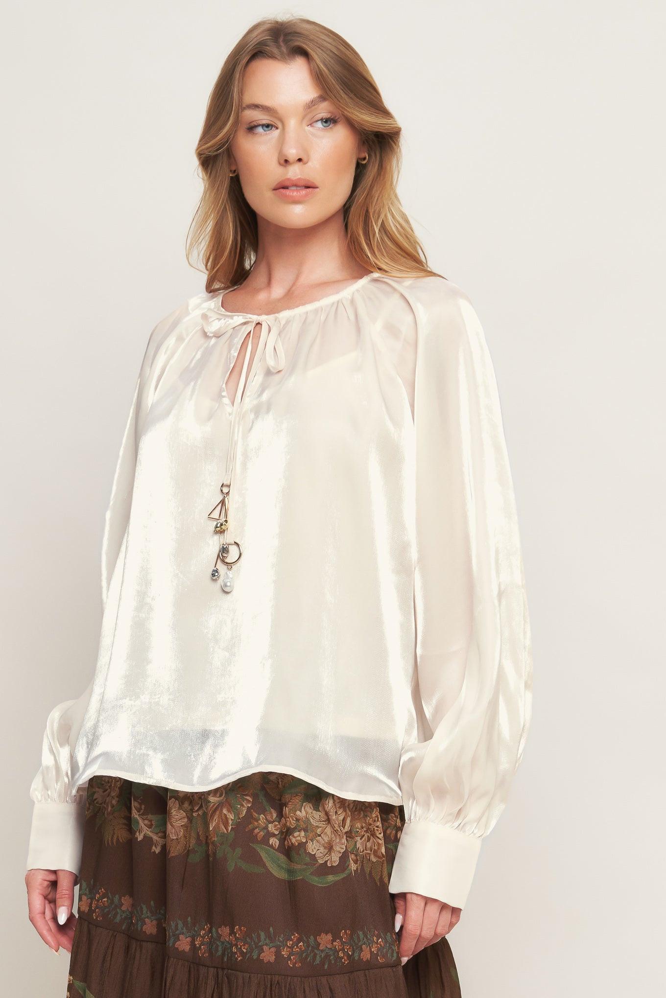 ETERNAL PEARL CHARM WOVEN PEASANT TOP Flying Tomato