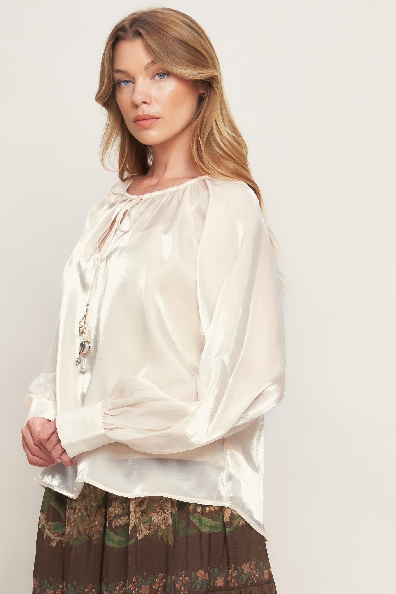 ETERNAL PEARL CHARM WOVEN PEASANT TOP Flying Tomato