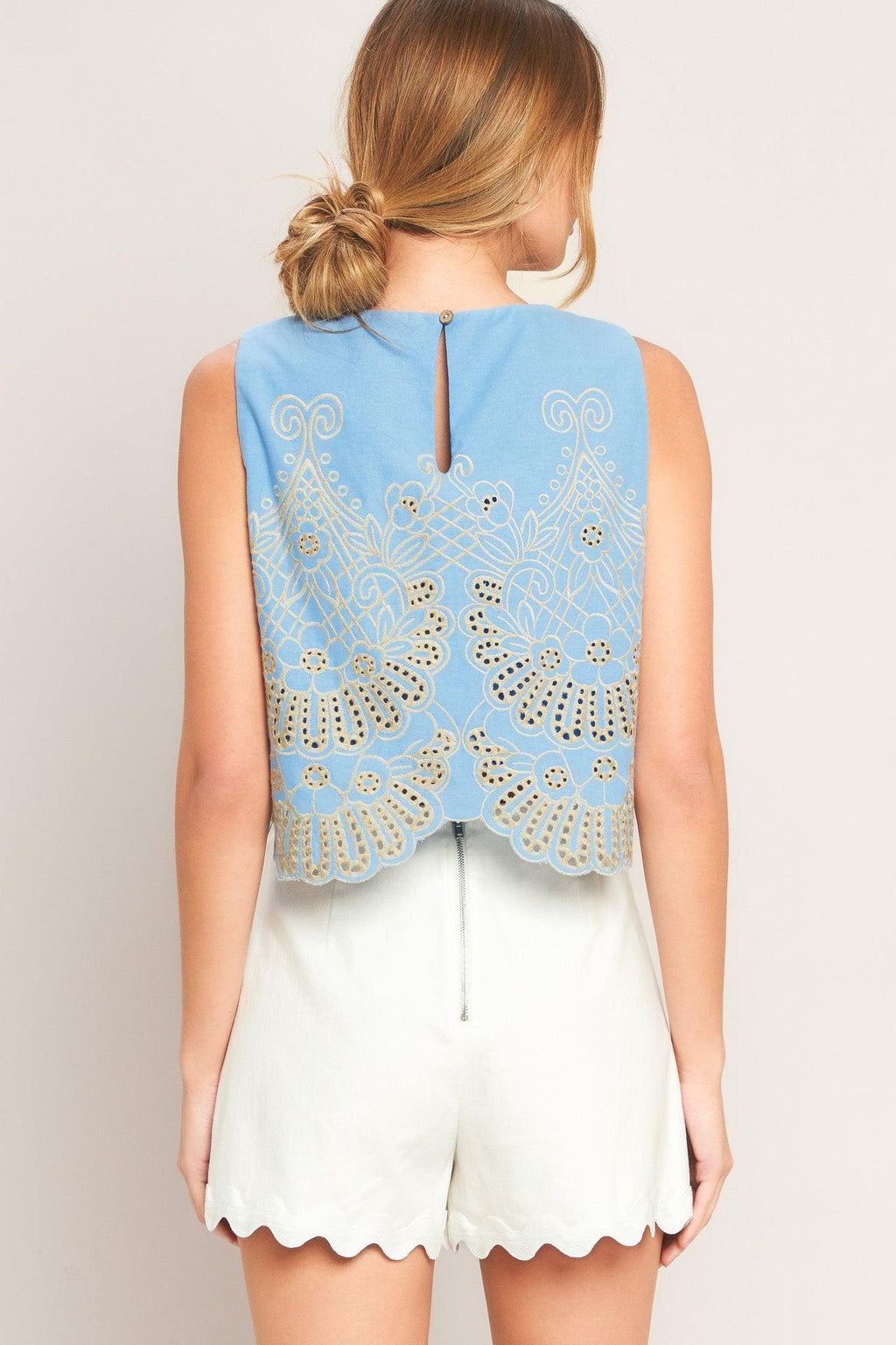 SKY BLOOM WOVEN EYELET TOP Flying Tomato