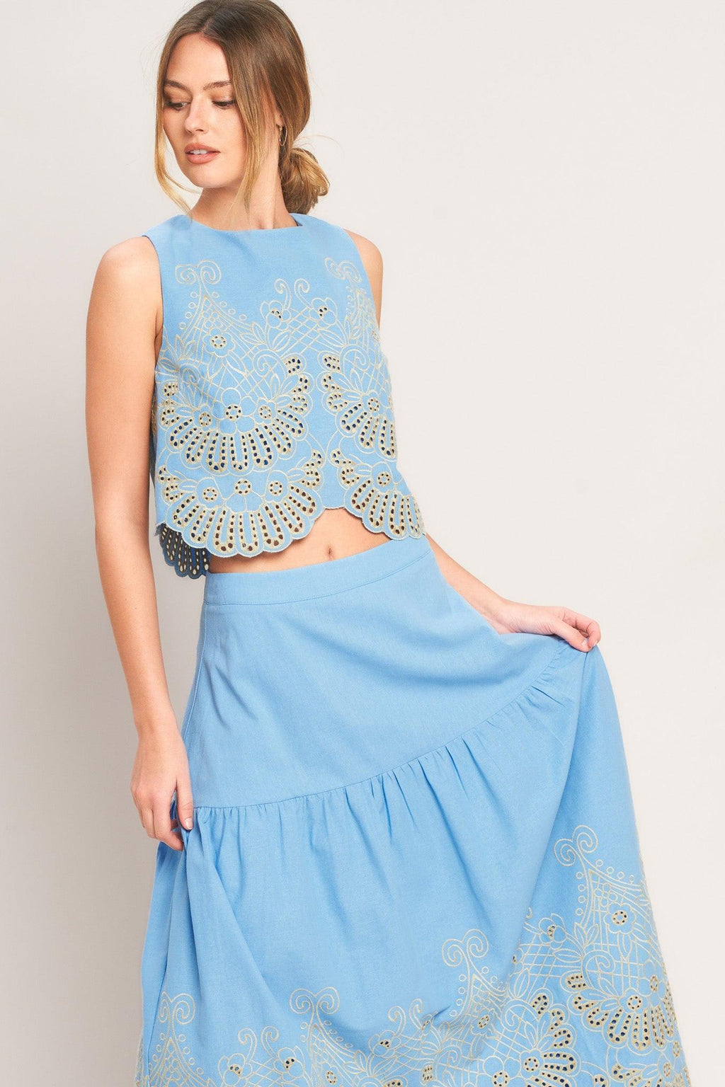 SKY BLOOM WOVEN EYELET TOP Flying Tomato