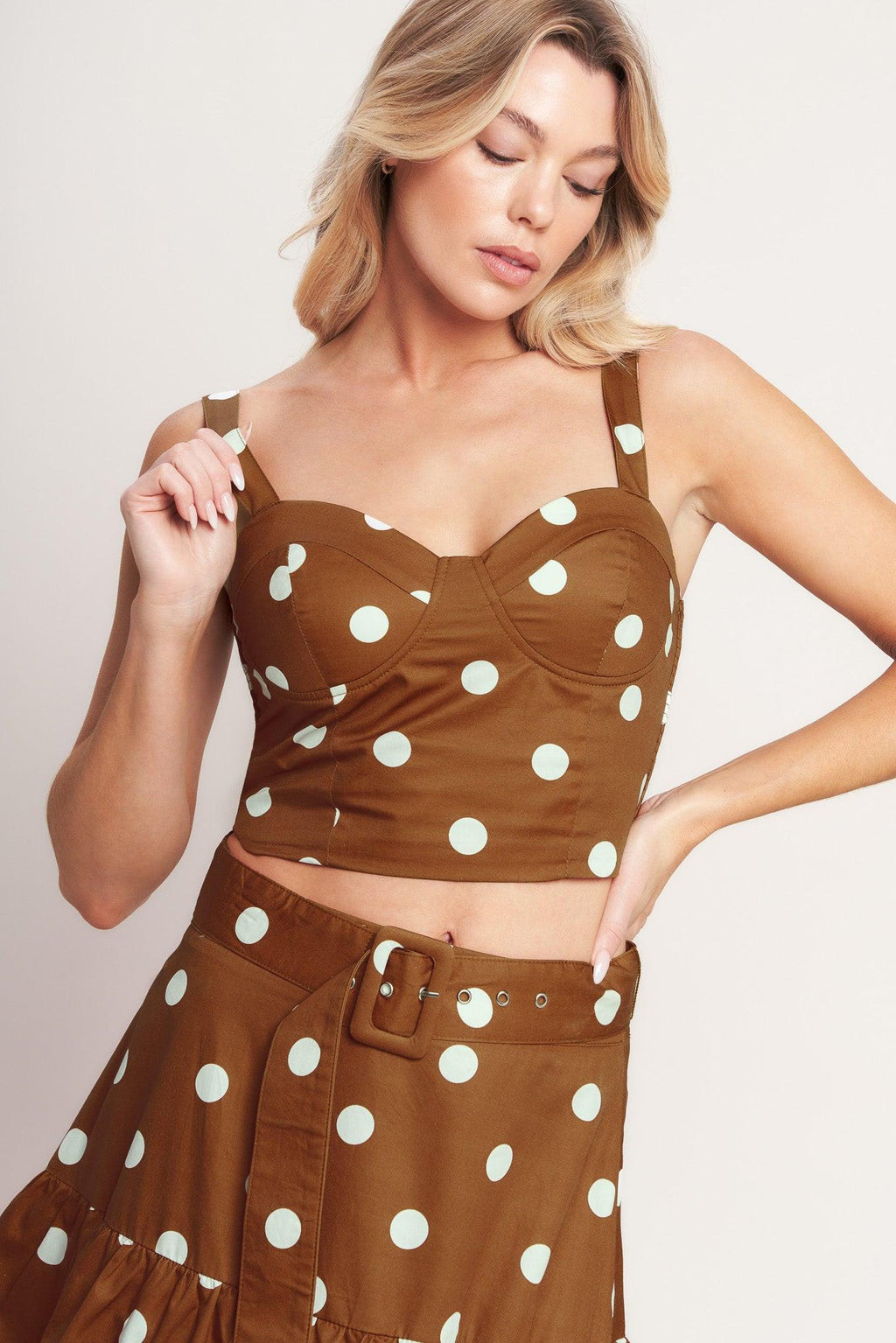 BROWN SUGAR DOT WOVEN BUSTIER TOP Flying Tomato