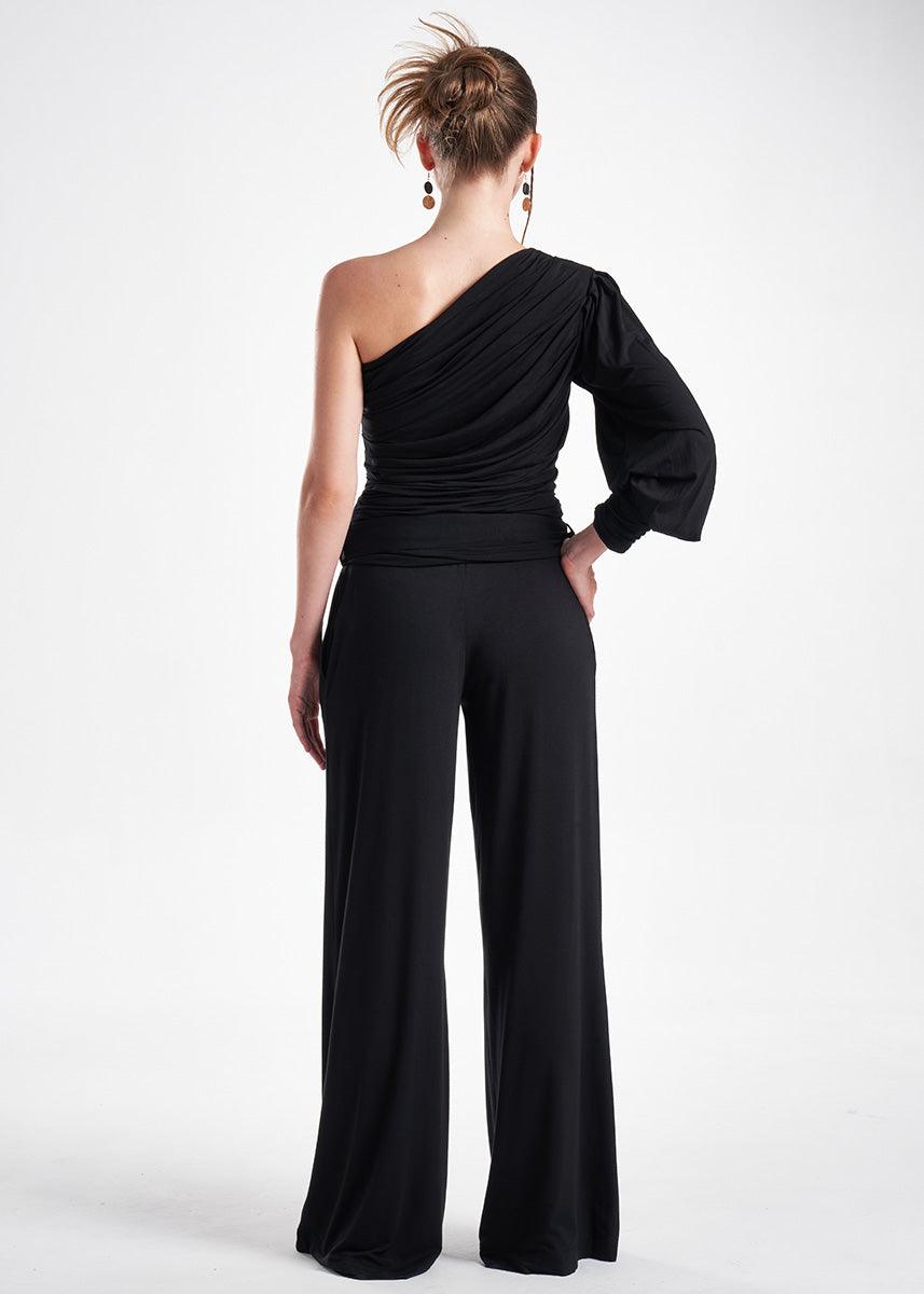 Black Knit 2-Piece Set With An Asymmetrical One-Sleeve Blouse And Palazzo Pants