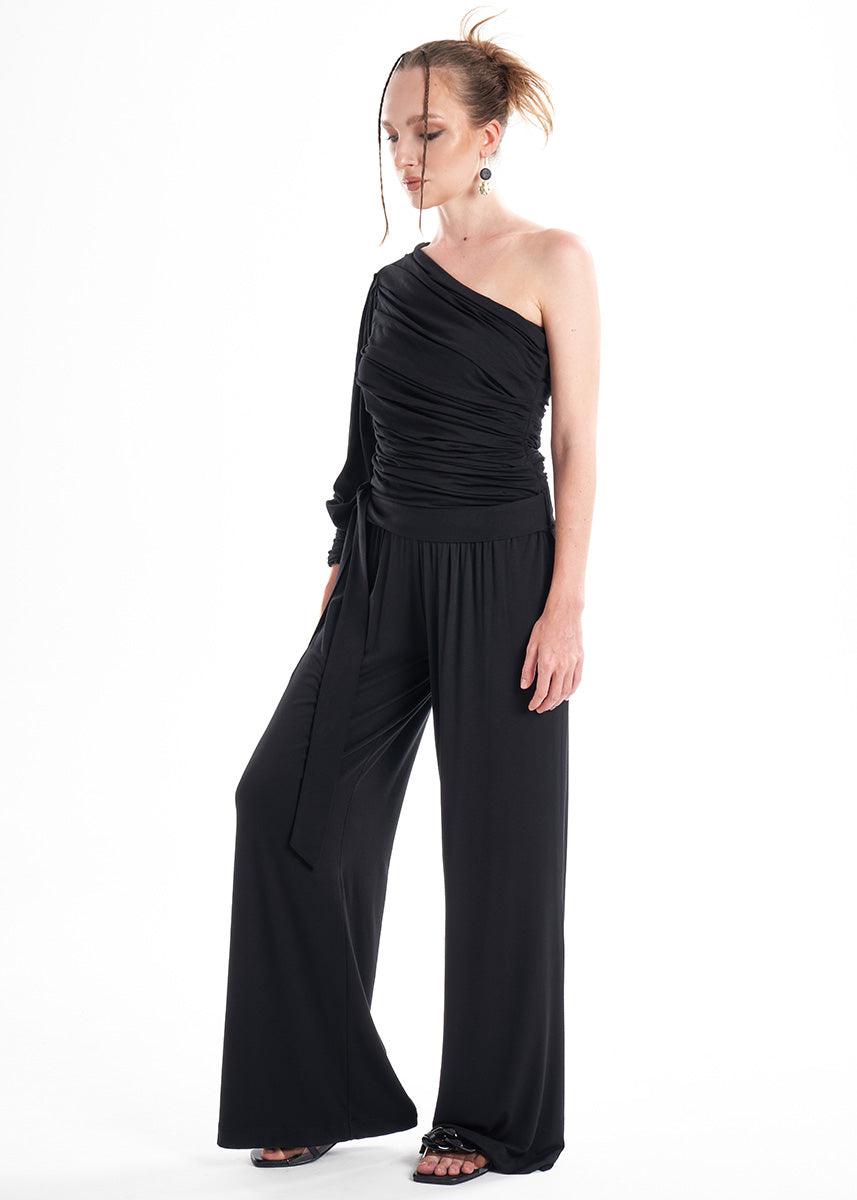 Black Knit 2-Piece Set With An Asymmetrical One-Sleeve Blouse And Palazzo Pants