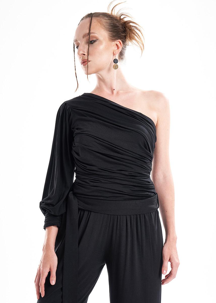 Black Knit 2-Piece Set With An Asymmetrical One-Sleeve Blouse And Palazzo Pants ETNA