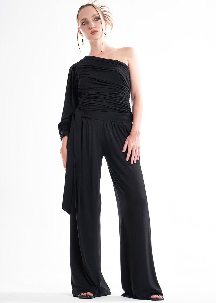 Black Knit 2-Piece Set With An Asymmetrical One-Sleeve Blouse And Palazzo Pants ETNA