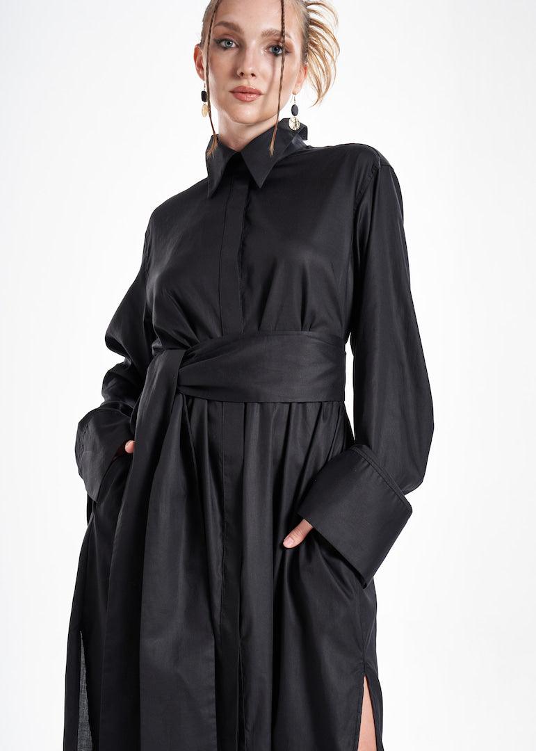 Lightweight And Breathable Deep Black Set With Maxi Button Down And Palazzo Pants