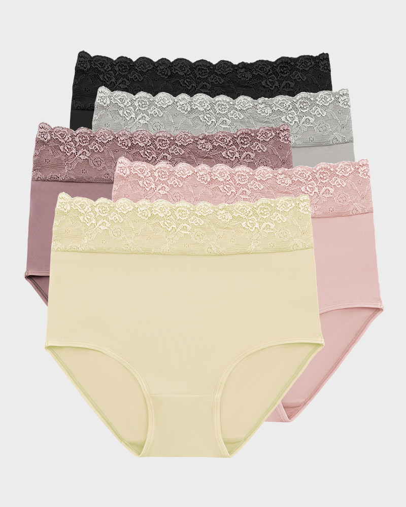 Lace Trim Cotton Hipster Panties (5 Pack) SheCurve
