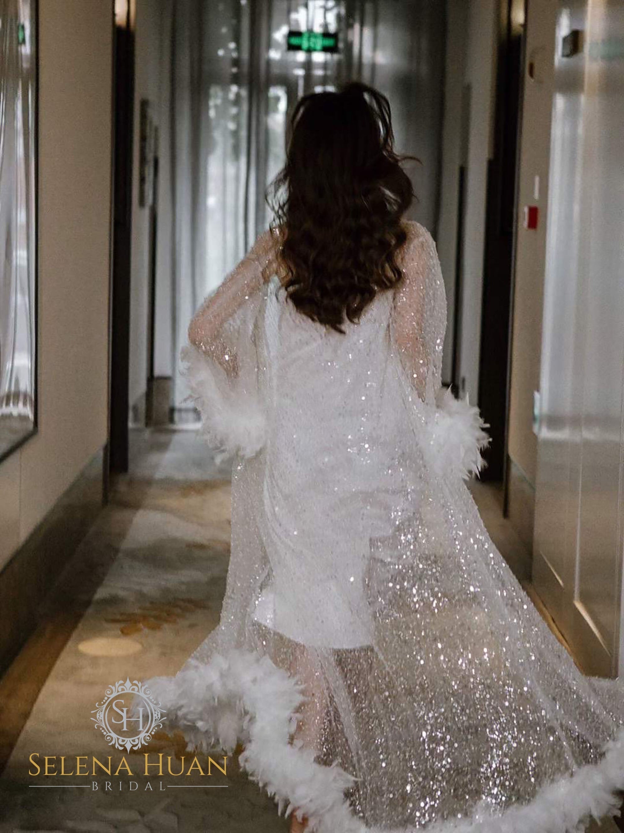 Full Goose Feather sequin mesh long robe dress white ivory SelenaHuanStudio