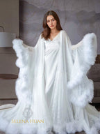 Luxury thick turkey feather fringe long bridal robe set with night gown SelenaHuanStudio