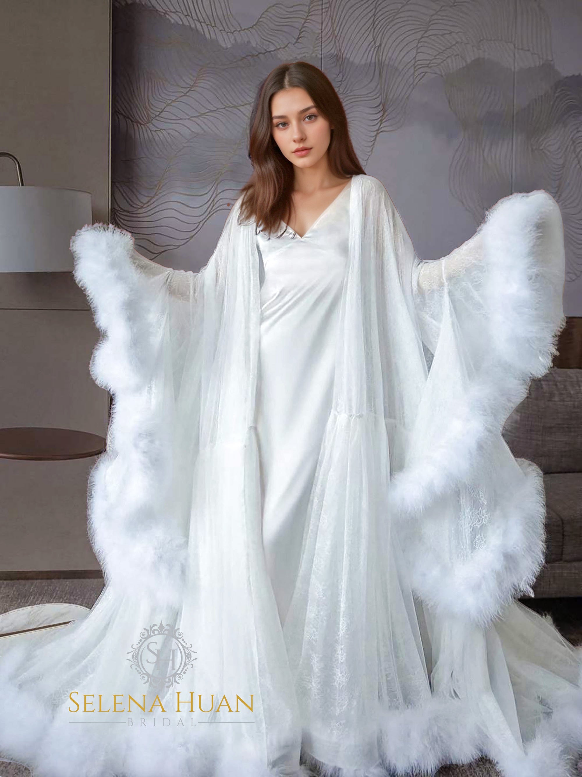Luxury thick turkey feather fringe long bridal robe set with night gown SelenaHuanStudio