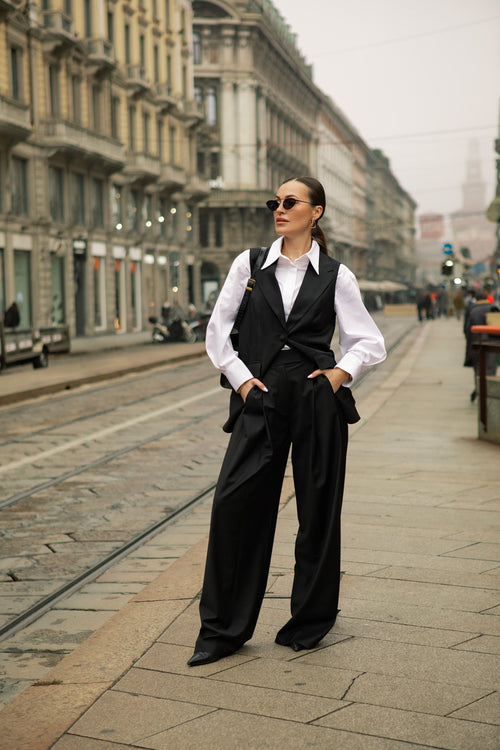 Broadway Liza Wide-Leg Virgin Wool Pants in Deep Black