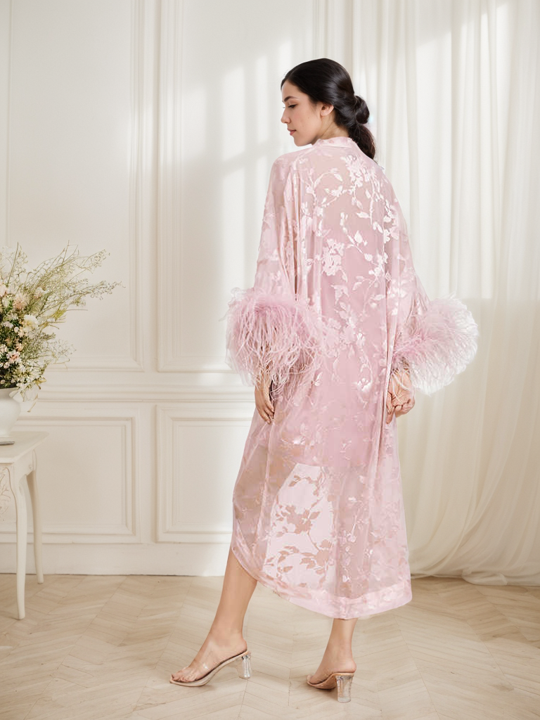 Luxurious Sequin Embroidered Lace Ostrich Feather Robe Set – Blush Pink Elegance SelenaHuanStudio