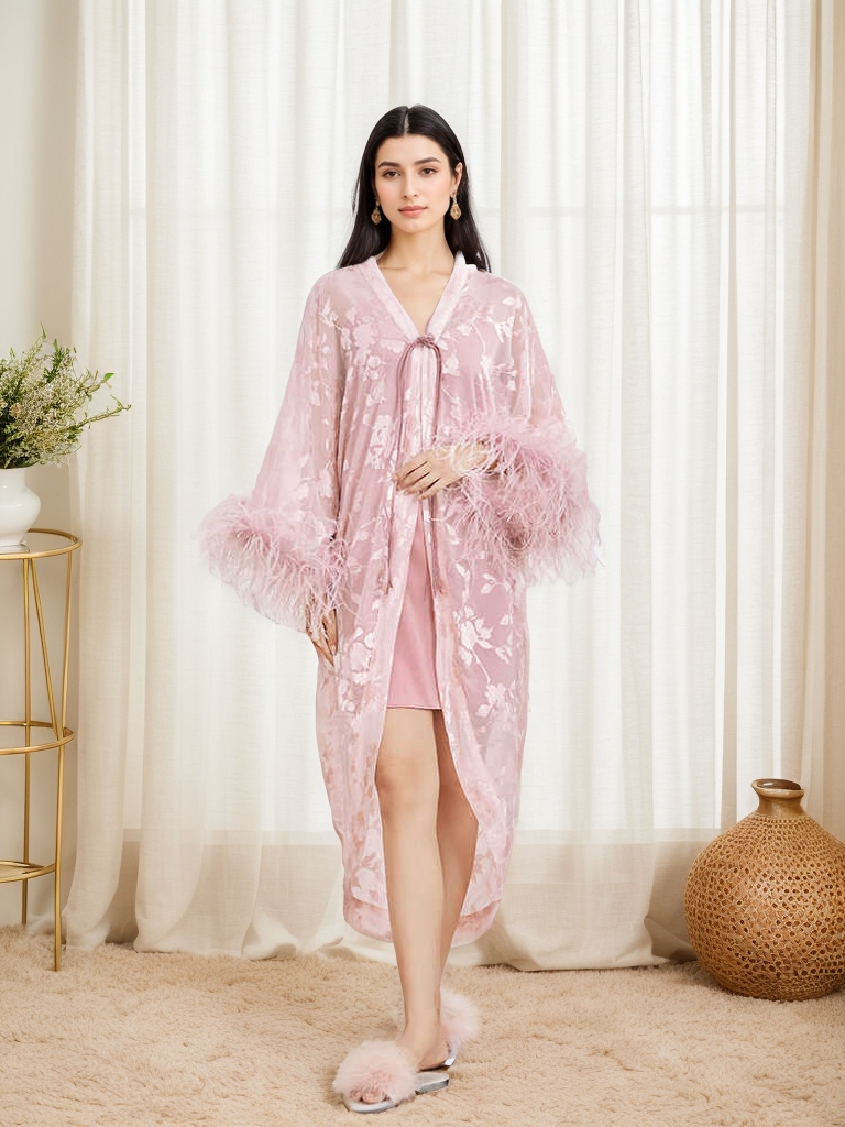 Luxurious Sequin Embroidered Lace Ostrich Feather Robe Set – Blush Pink Elegance SelenaHuanStudio