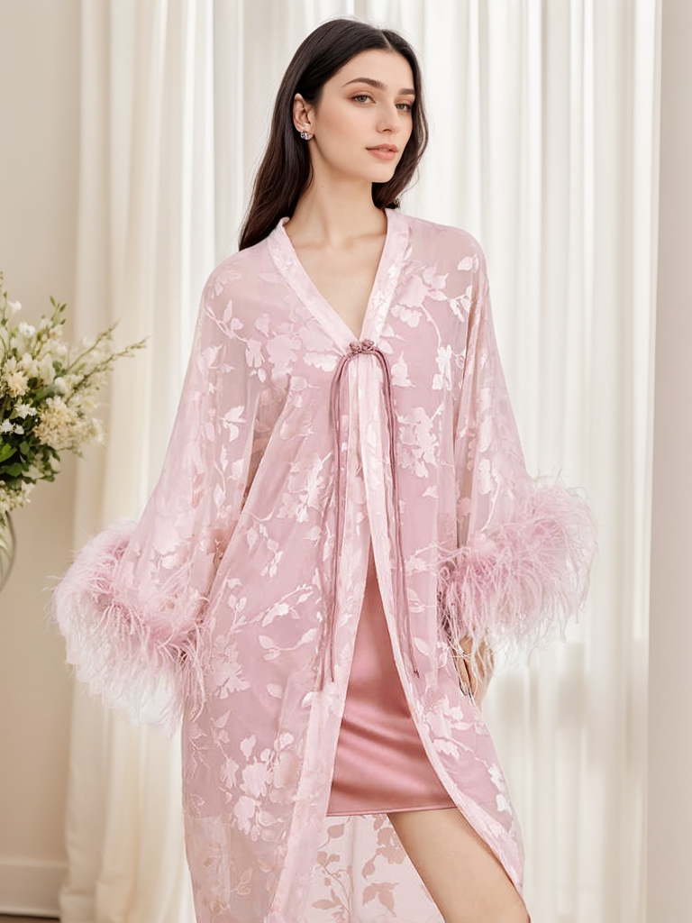 Luxurious Sequin Embroidered Lace Ostrich Feather Robe Set – Blush Pink Elegance SelenaHuanStudio