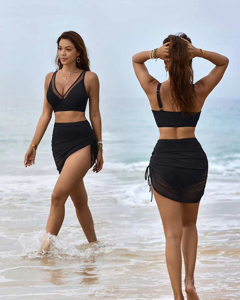 Mesh High Waisted Tummy Control Sarong Wraps Bikini Set SheCurve
