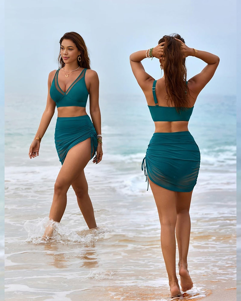 Mesh High Waisted Tummy Control Sarong Wraps Bikini Set SheCurve