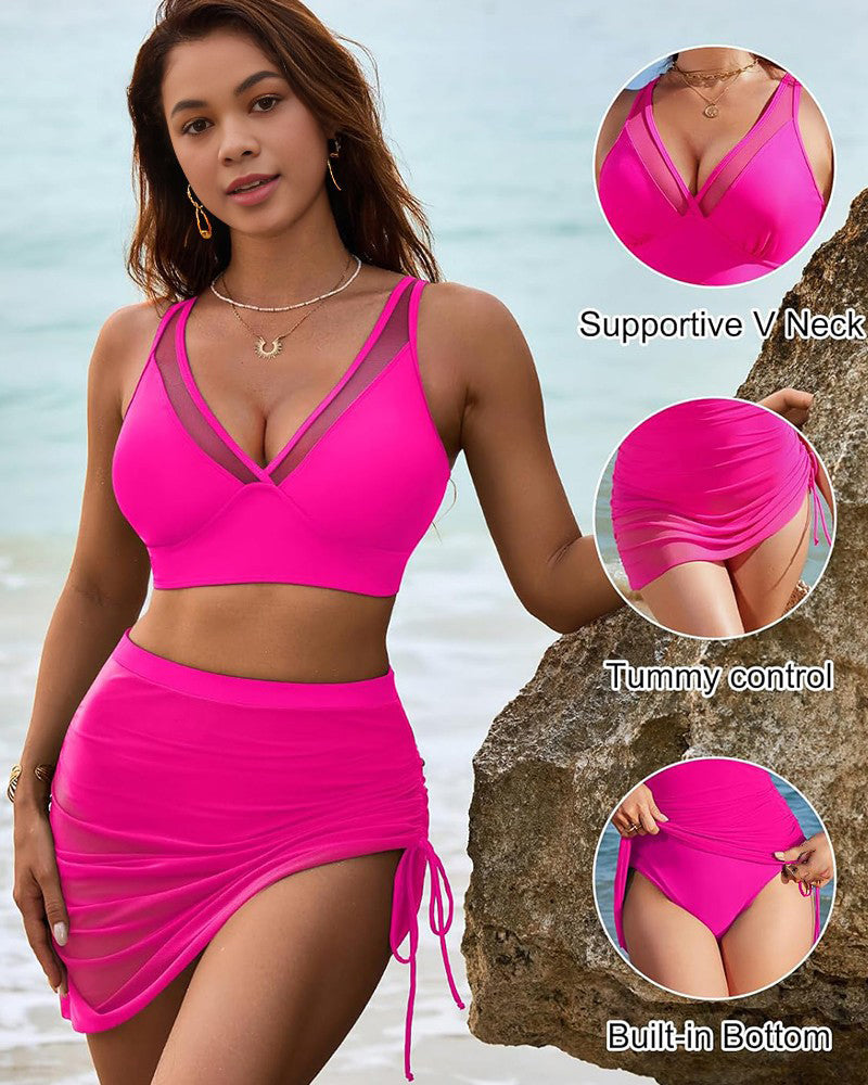 Mesh High Waisted Tummy Control Sarong Wraps Bikini Set SheCurve