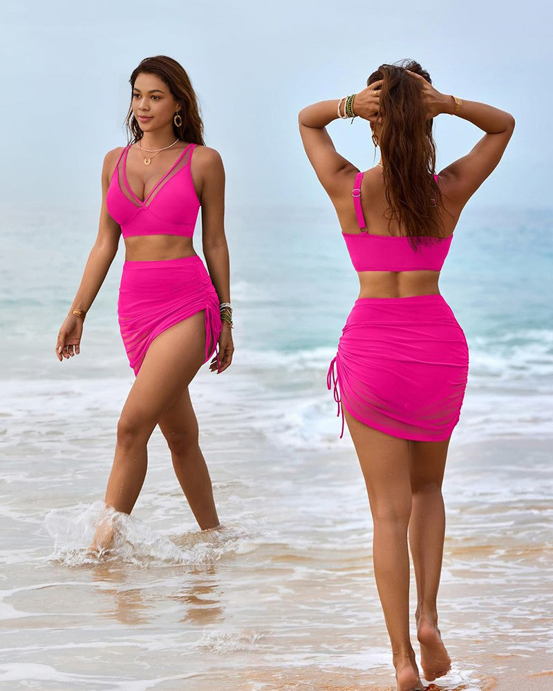 Mesh High Waisted Tummy Control Sarong Wraps Bikini Set SheCurve