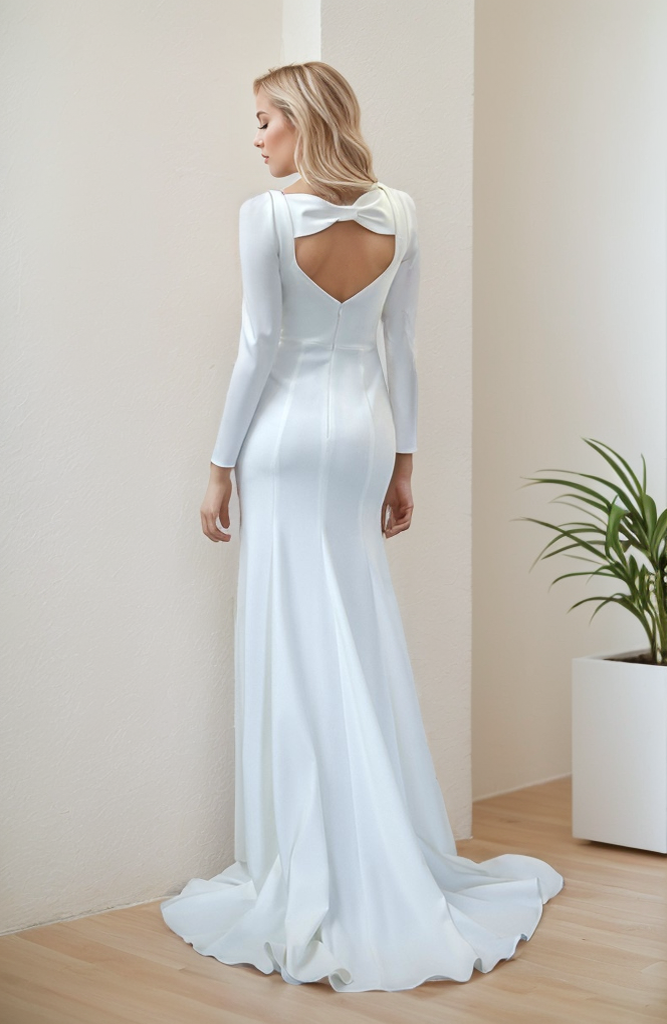 Modern Elegant Long Sleeves Square Neck Bow Design Back Stretchy Satin Simple wedding