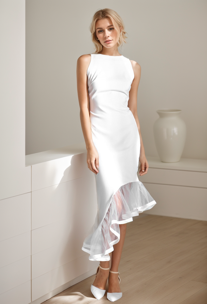 Modern Scoop Neck asymmetrical skirt hem Satin wedding dress little white dress SelenaHuanStudio