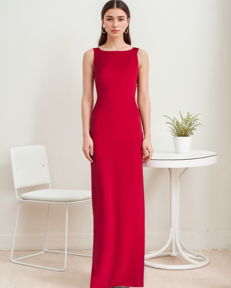 Modern bateau neckline hallowed back pencil skirt Stretchable satin prom dress SelenaHuanStudio