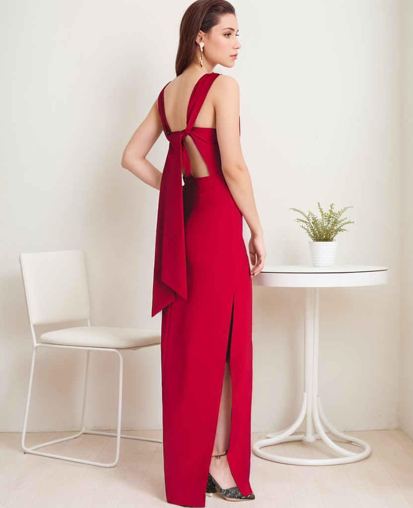 Modern bateau neckline hallowed back pencil skirt Stretchable satin prom dress SelenaHuanStudio