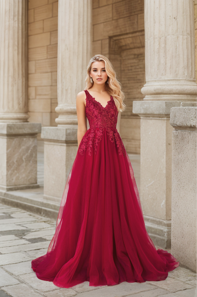 Mysteria - Ruby red deep V-neck lace soft tulle prom dress colored wedding dress SelenaHuanStudio